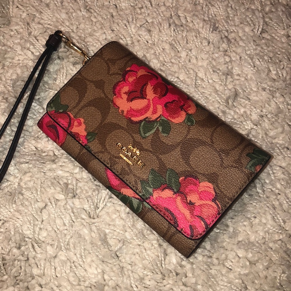 COACH Khaki Oxblood Floral Wristlet